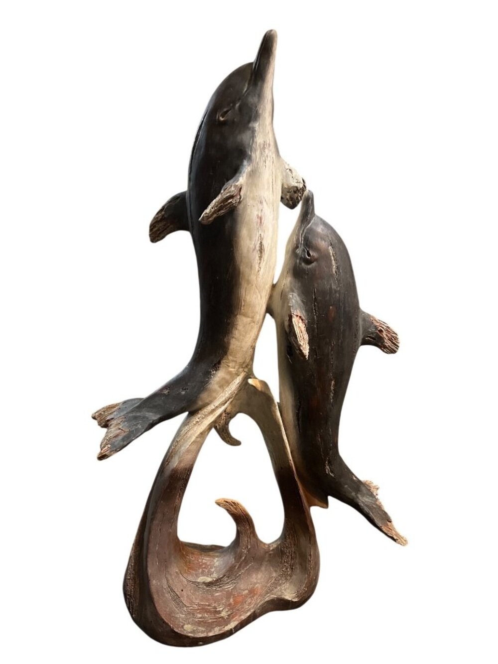 Dolphin Sculpture 2 Dolphins Swimming On Wave Base Nautical Decor 20"